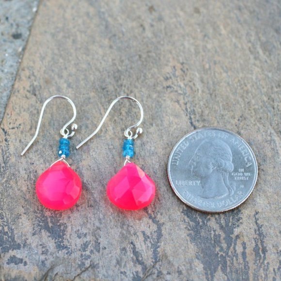 Hot Pink Chalcedony, Teal Blue Apatite Earrings - Picture 2 of 5